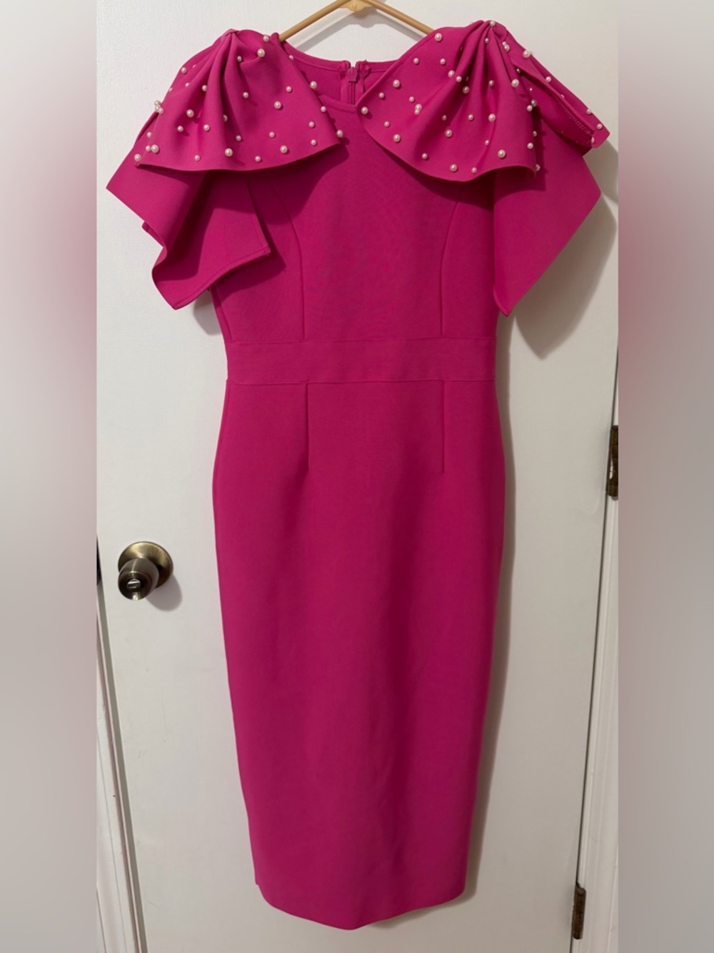Hot Pink Pearl Bow Shoulder Midi Dress Statement Cocktail Occasion Dress